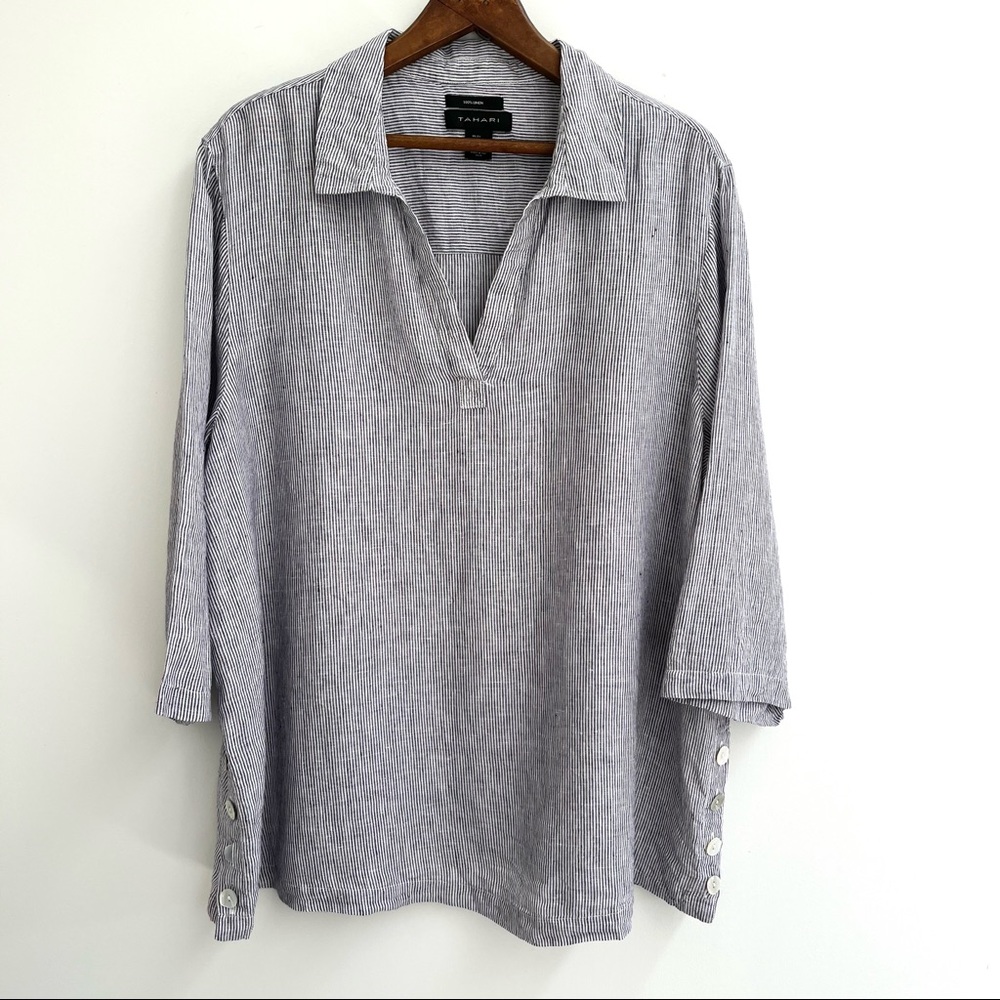 Tahari linen ticking stripe tunic top mother of pearl button size 2X